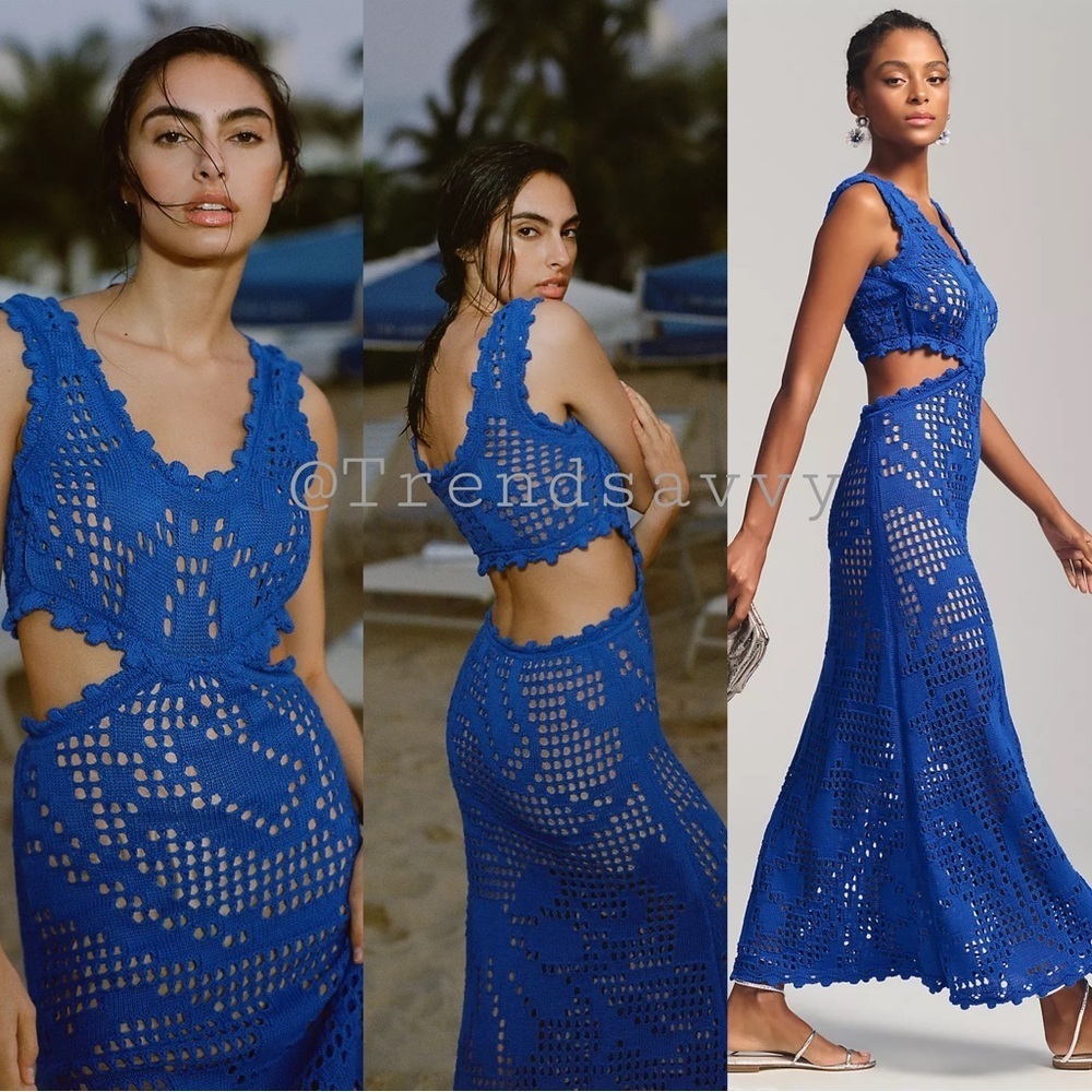 Anthropologie Cecilia Prado Blue Crochet Cutout Maxi Dress XS Resort NWT